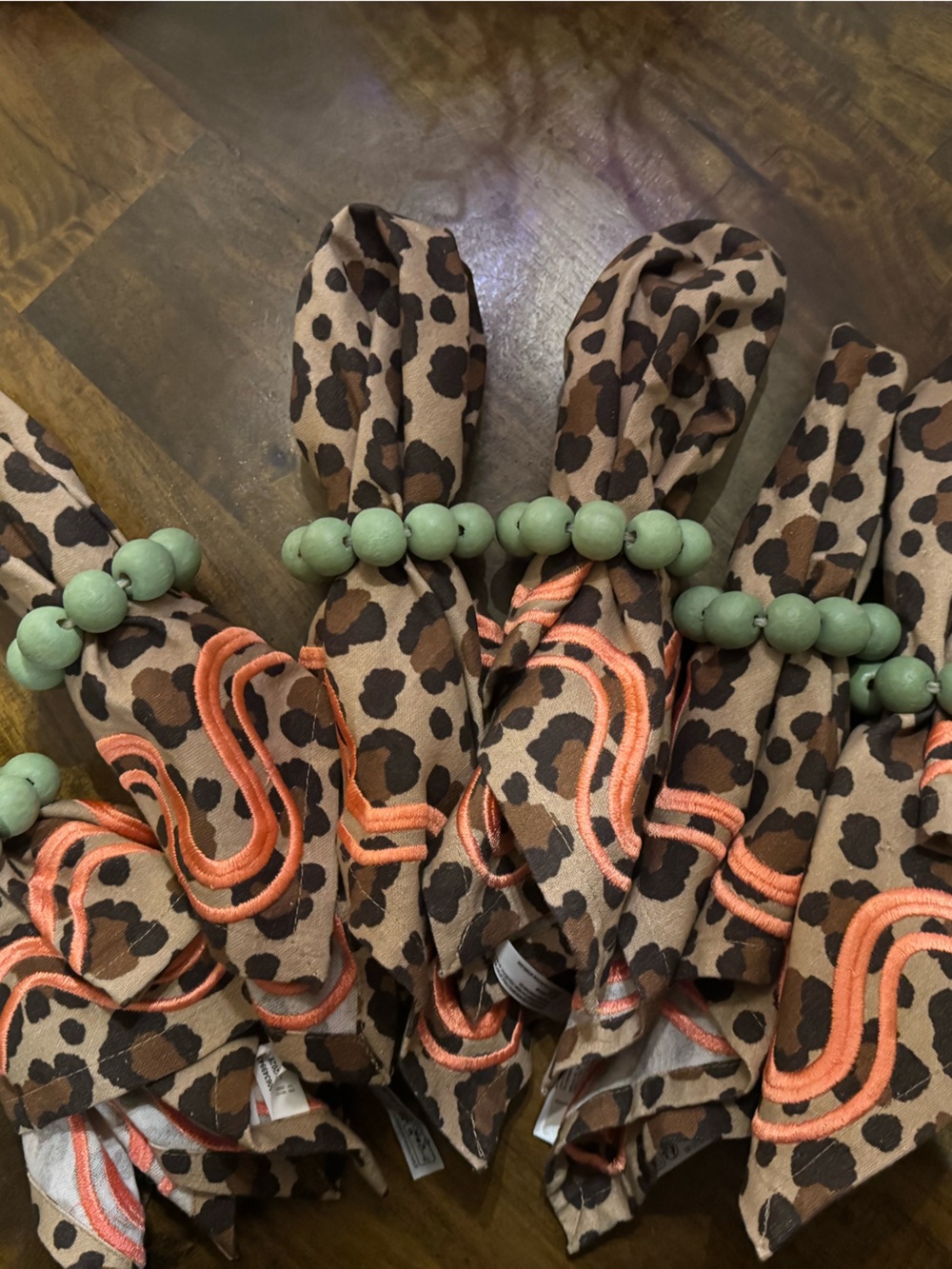 Anthropologie Leopard-Print Napkin Rings with Mint Beads and Coral Accent